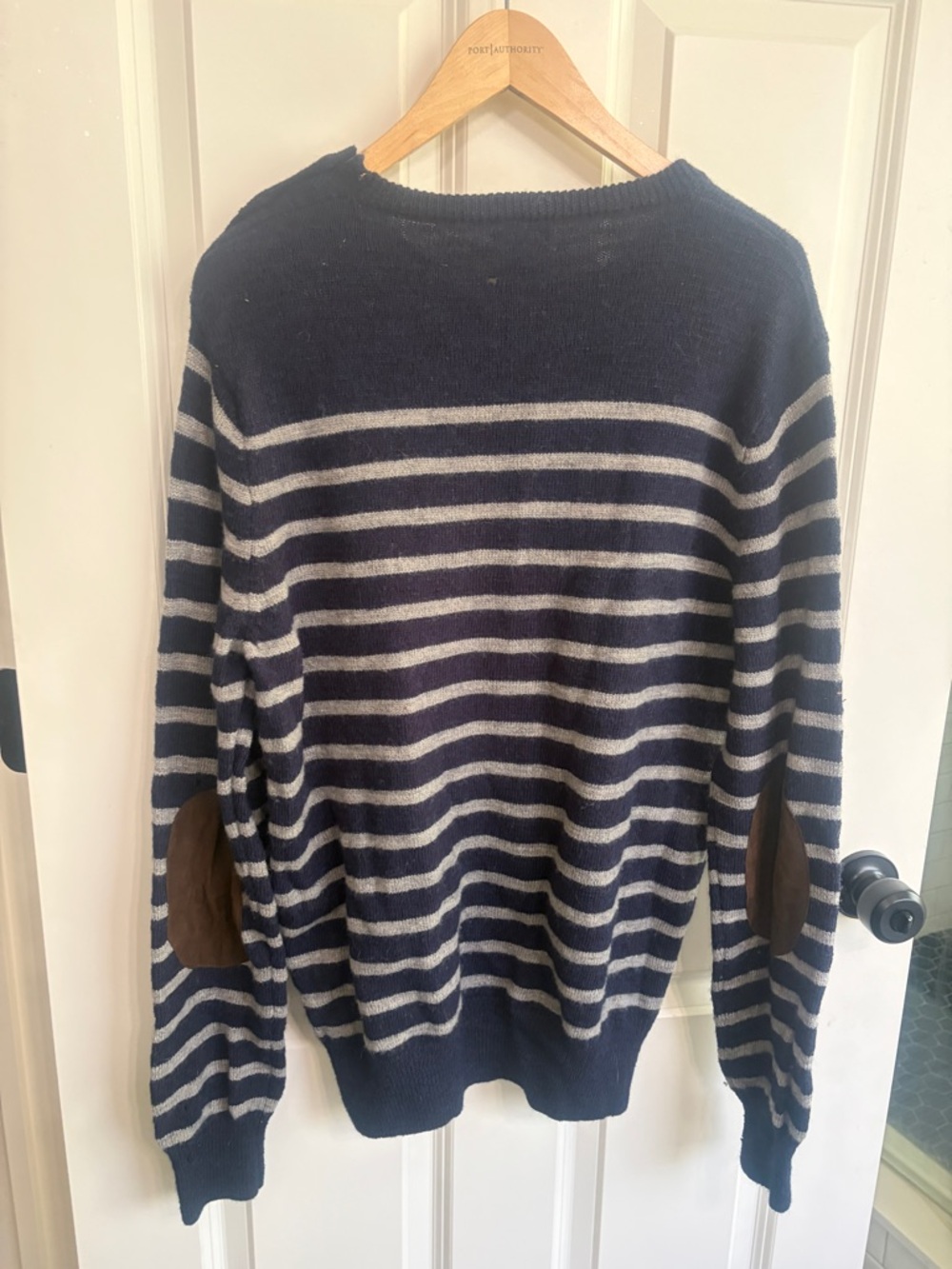 J. Crew womens Navy and White Striped merino wool Button-Shoulder Sweater. - Picture 12 of 13